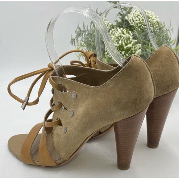 TOD'S Tan Cutout Leather Paneled Two Toned Suede Cone Heeled Sandals Sz 39/US 8 - Picture 3 of 13